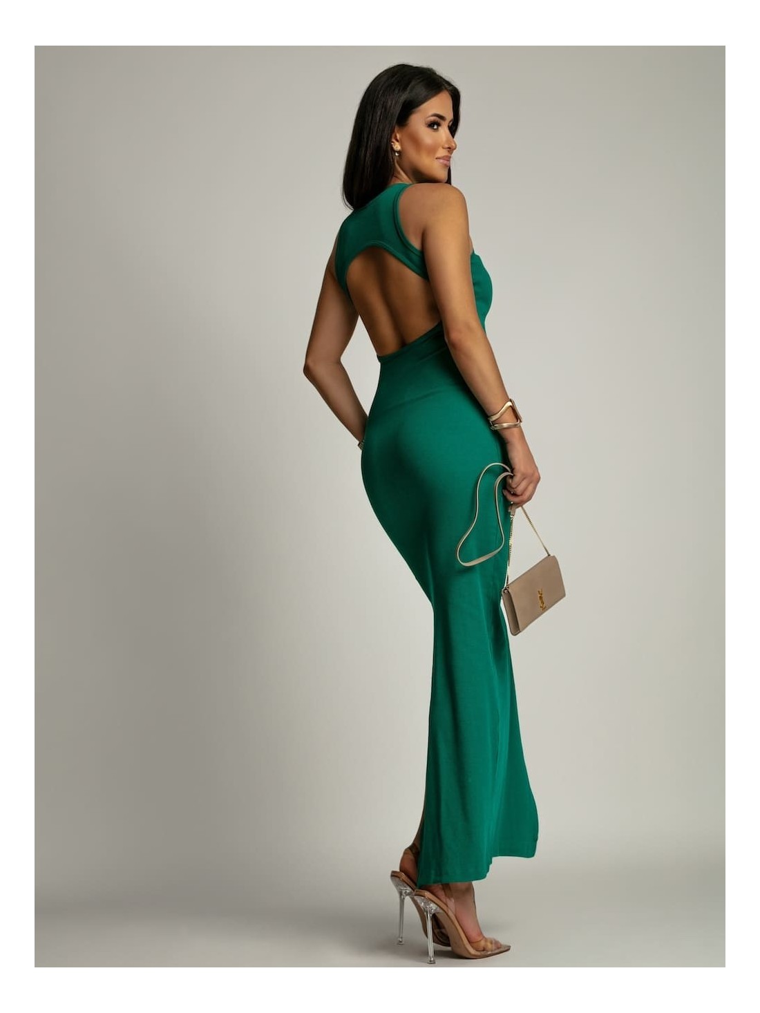 Fitted basic dress with a cutout on the back, green FG669 - Online store - Boutique